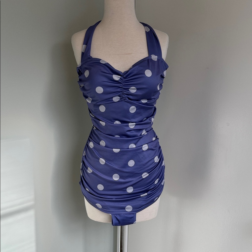 April Cornell Retro Halter Swimsuit lilac Polka Dots XL